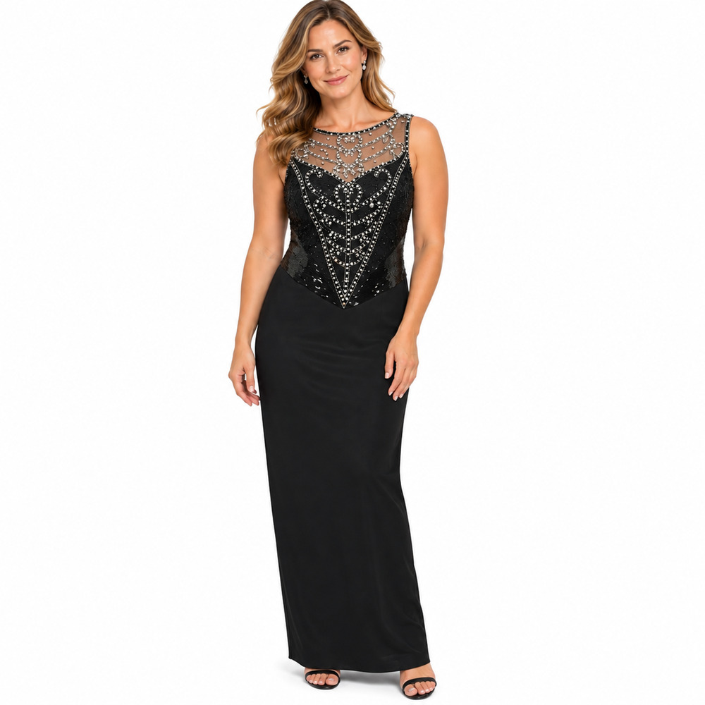 Alyce Designs Black Beaded Sheath Rhinestone Formal Gown Pageant Dress sz 10